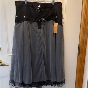 Two-Tone Black and Gray Midi Skirt with Buckle Detail